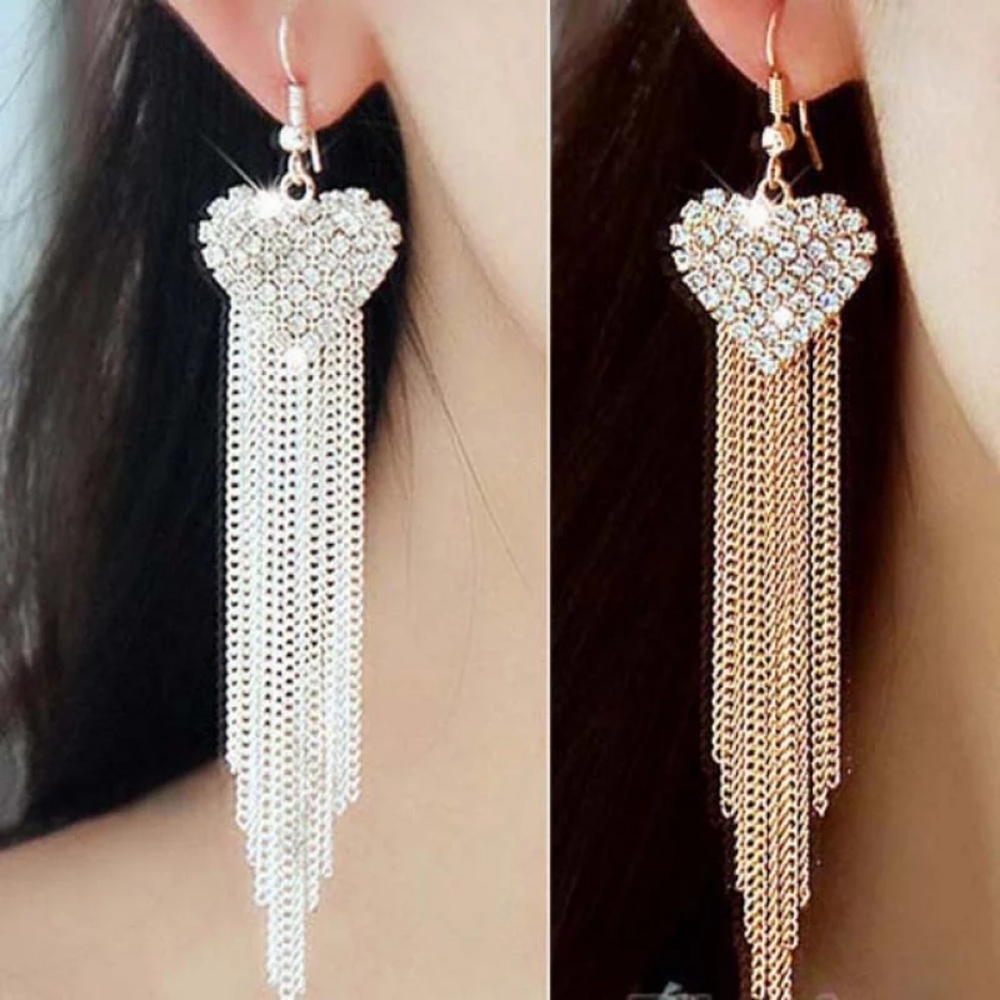 Silver & Gold White Crystal Heart Dangle Earrings - Picture 1 of 6